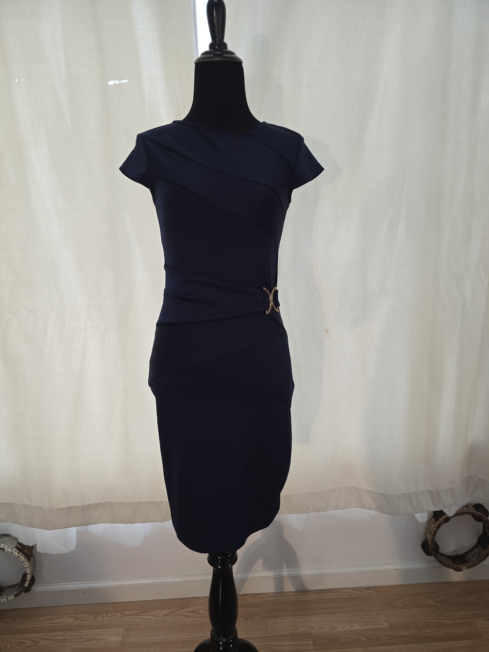 VENUS Navy Midi Sheath Dress with Decorative Waist Buckle XS